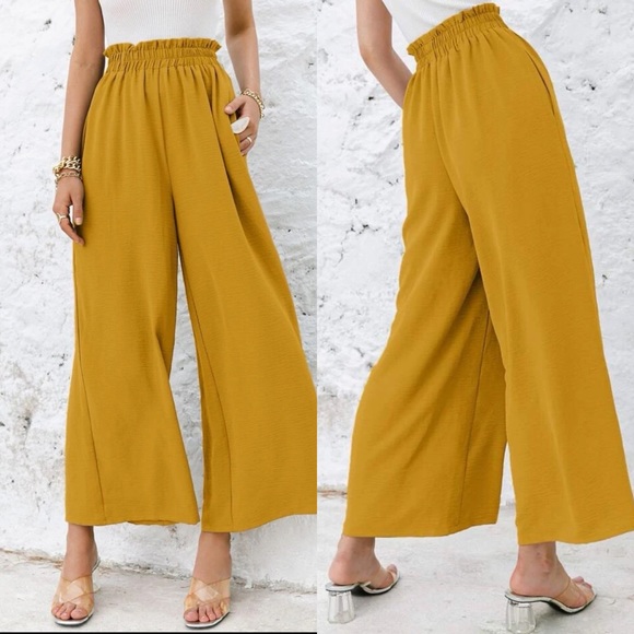 High waisted flared wide leg cropped pants shirred boho khaki tan - Picture 3 of 6